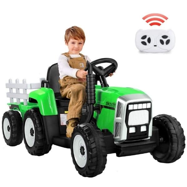 12v Kids Electric Tractor With Trailer And Remote Green