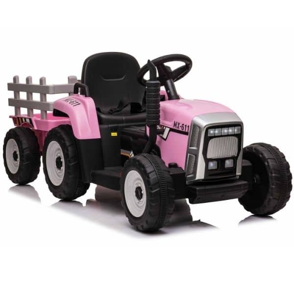 12v Kids Electric Tractor With Trailer And Remote Pink