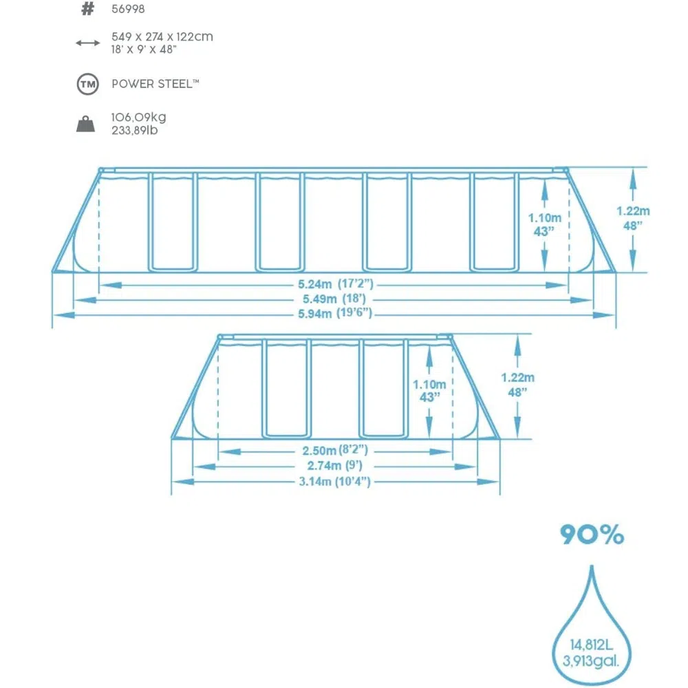 Bestway 56998 18ft power steel rectangle pool set 549x274x122cm