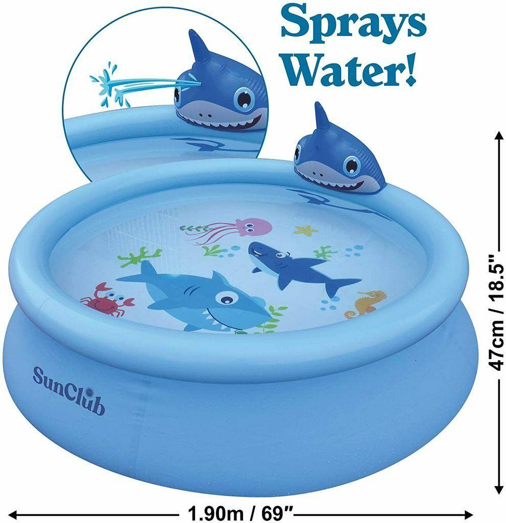 Sun Club Large 75in Water Spraying 3d Shark Kids Paddling Pool