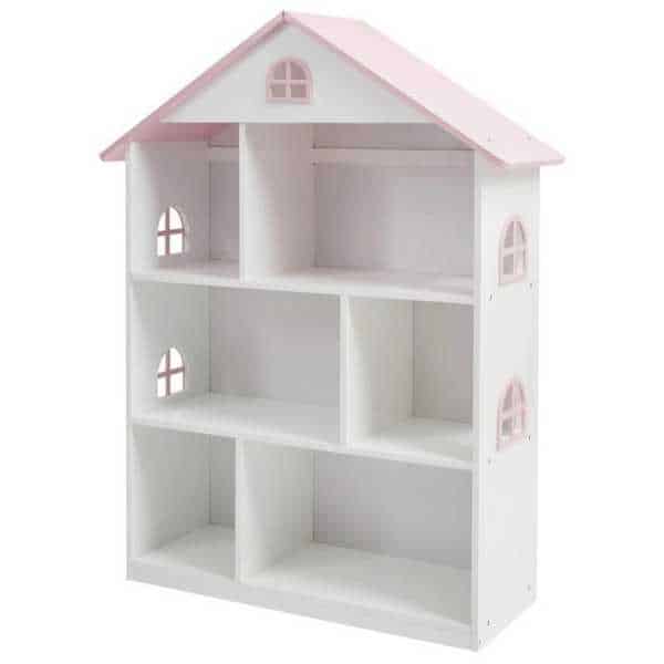 White dolls house bookcase with pink roof