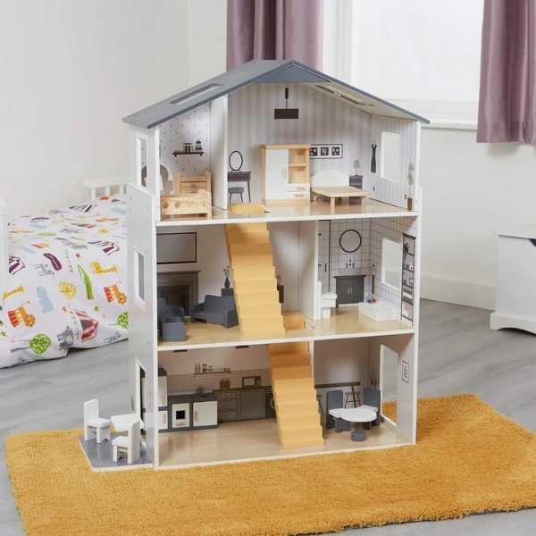 Contemporary dolls house with 18 handcrafted wood furniture accessories