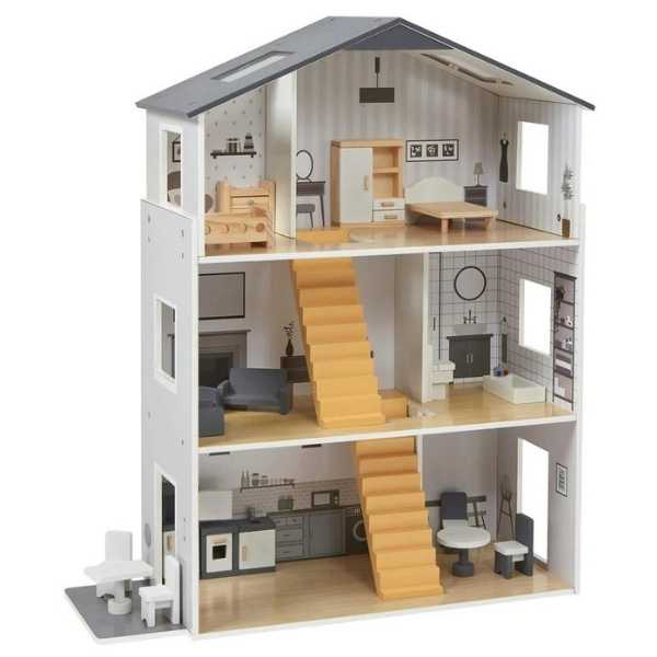 Contemporary dolls house with 18 handcrafted wood furniture accessories