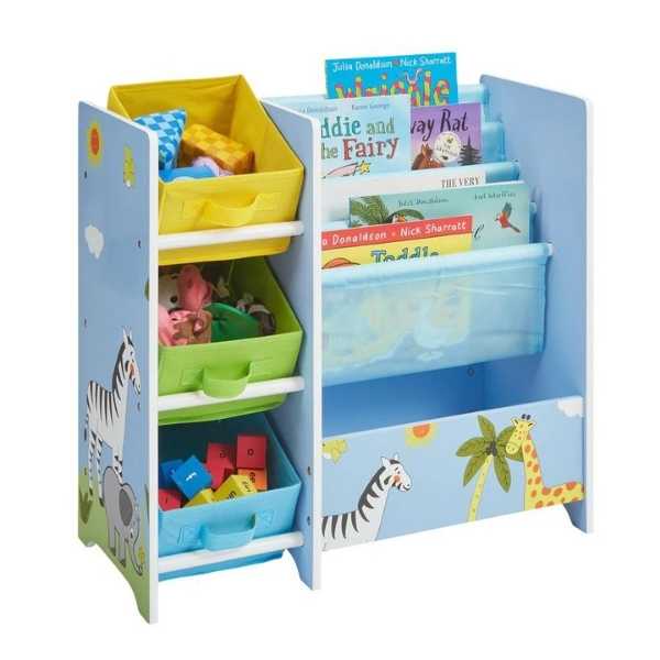 Safari book display unit with fabric storage boxes