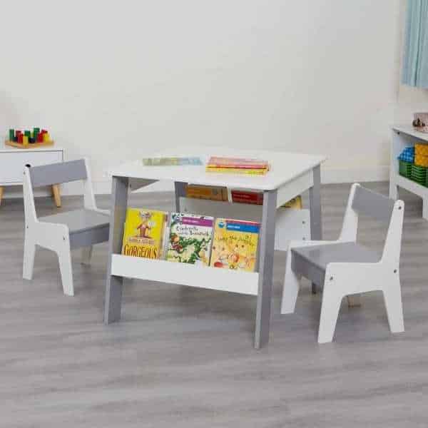 Kids white and grey bookshelf table and chair set