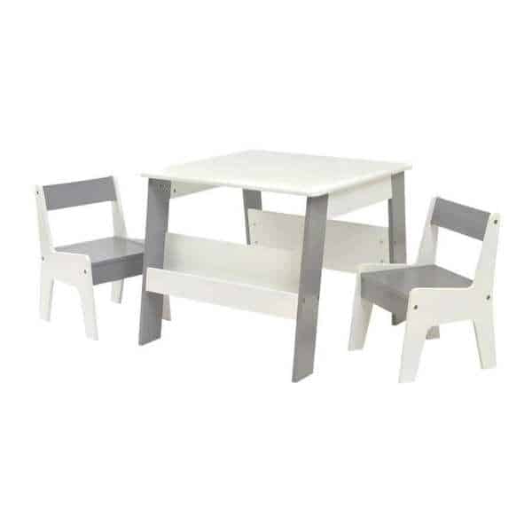 Kids white and grey bookshelf table and chair set
