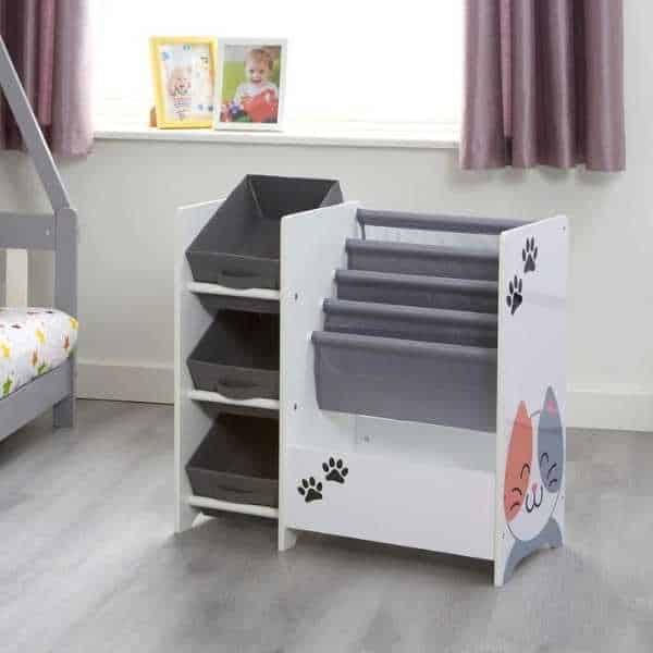 Kids cat and dog book display unit with 3 fabric storage boxes