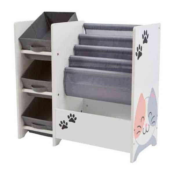 Kids cat and dog book display unit with 3 fabric storage boxes