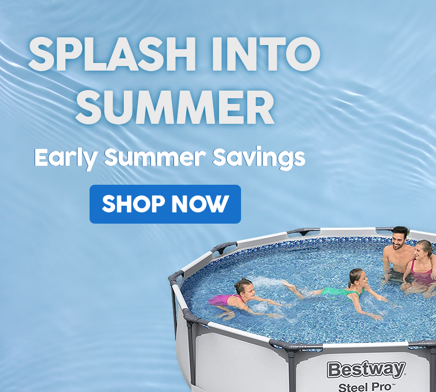 Summer banner Bestway pool with family and kids splash into summer shop now