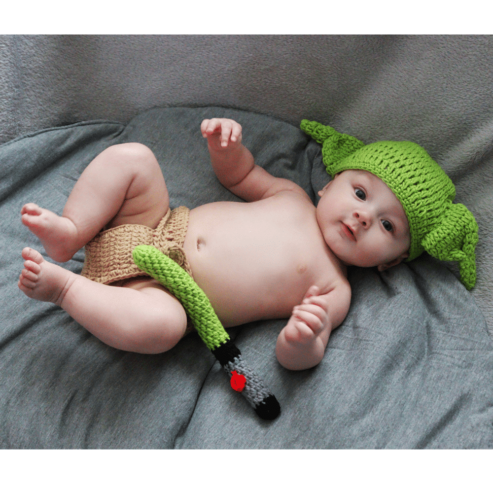 Crochet yoda with light saber dress up outfit
