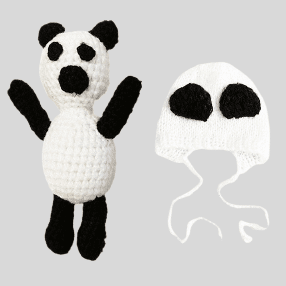Crochet panda hat with teddy dress up outfit