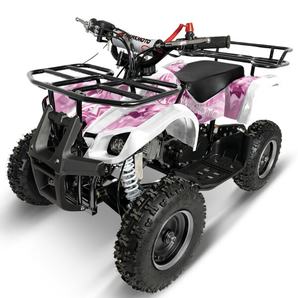 White hawkmoto frm-49r v2 50cc mini kids quad bike assembled- pink camo