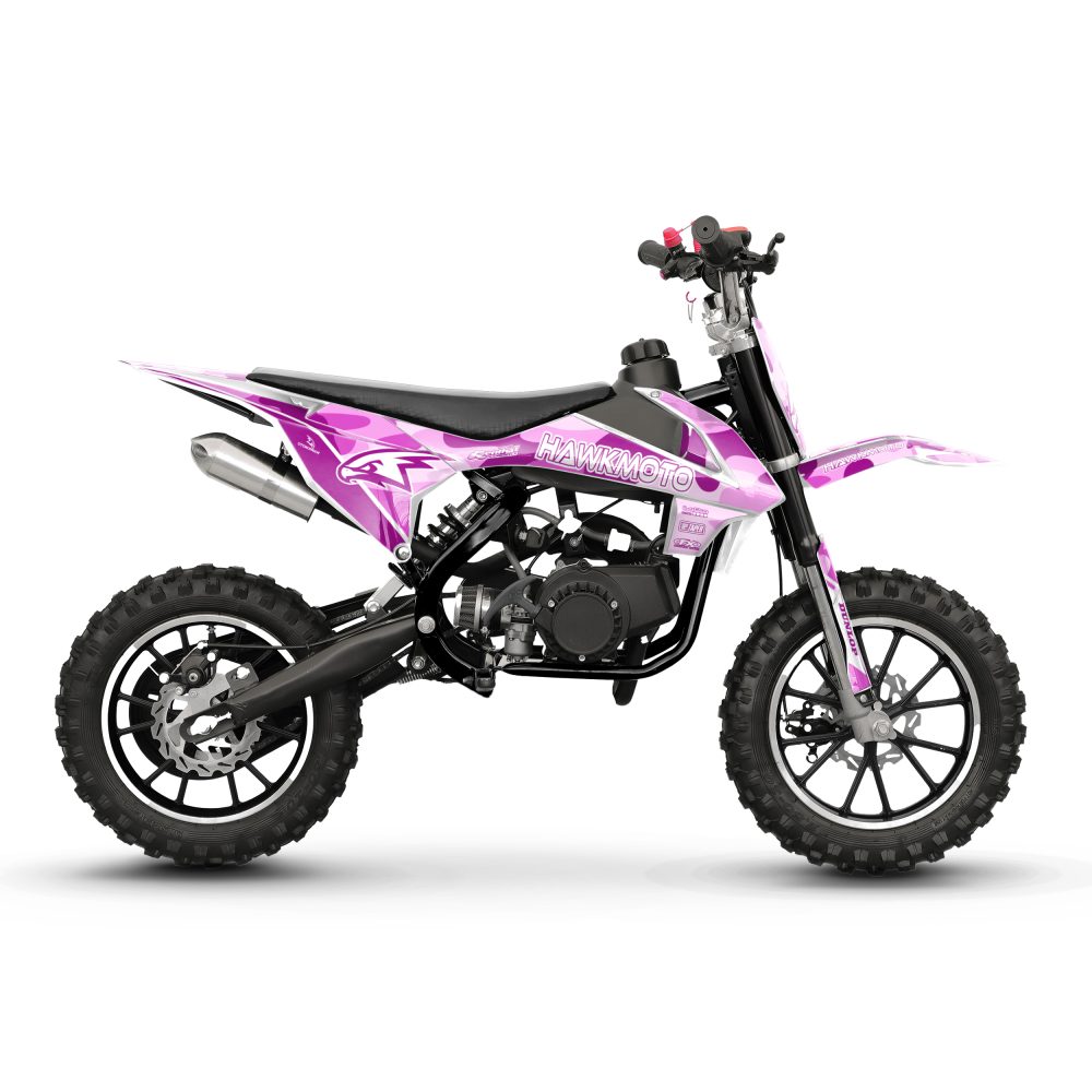 Hawkmoto mayhem v3 50cc kids mini dirt bike white – pink camo